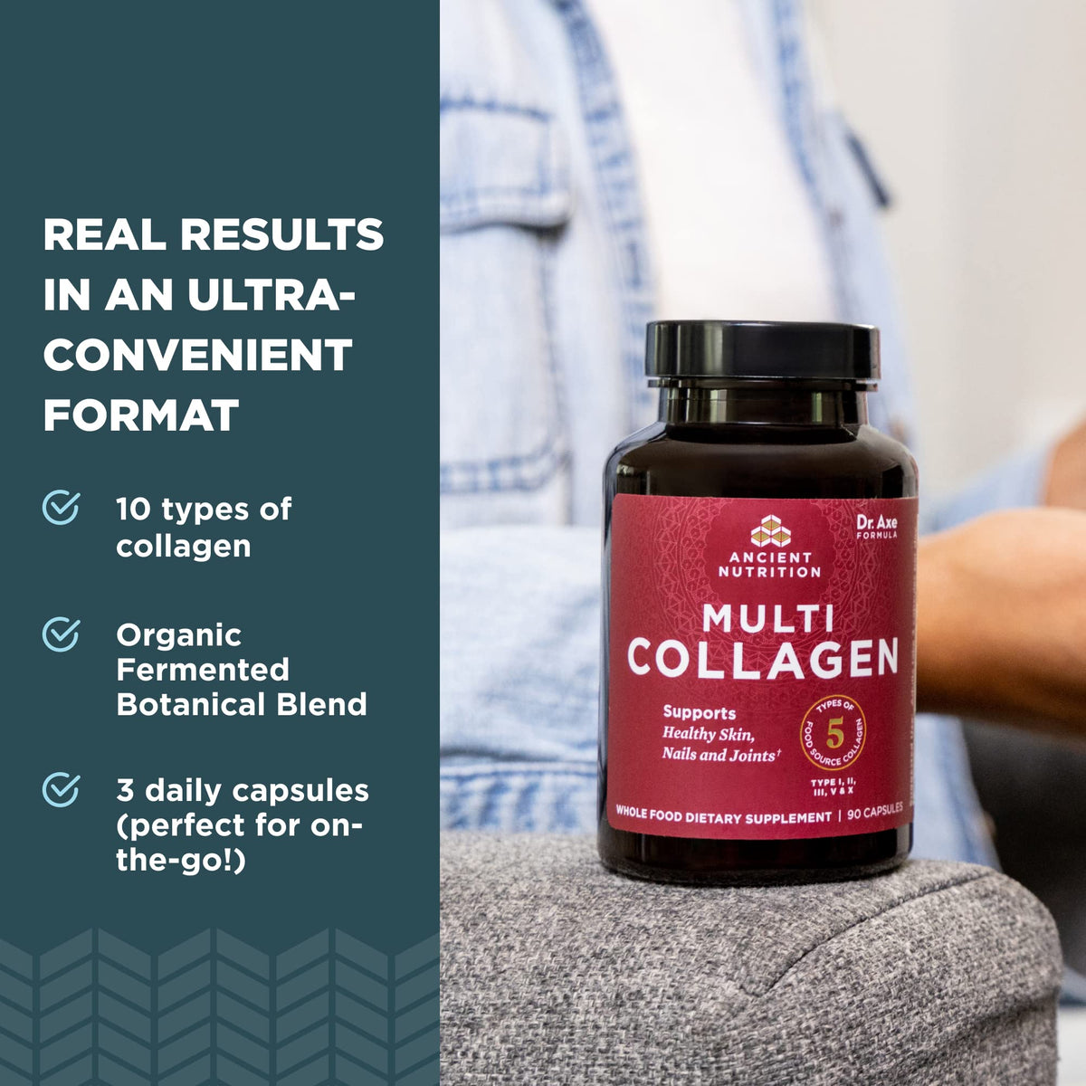 Three daily serving capsules of Ancient Nutrition multi collagen peptides displayed next to the product packaging.