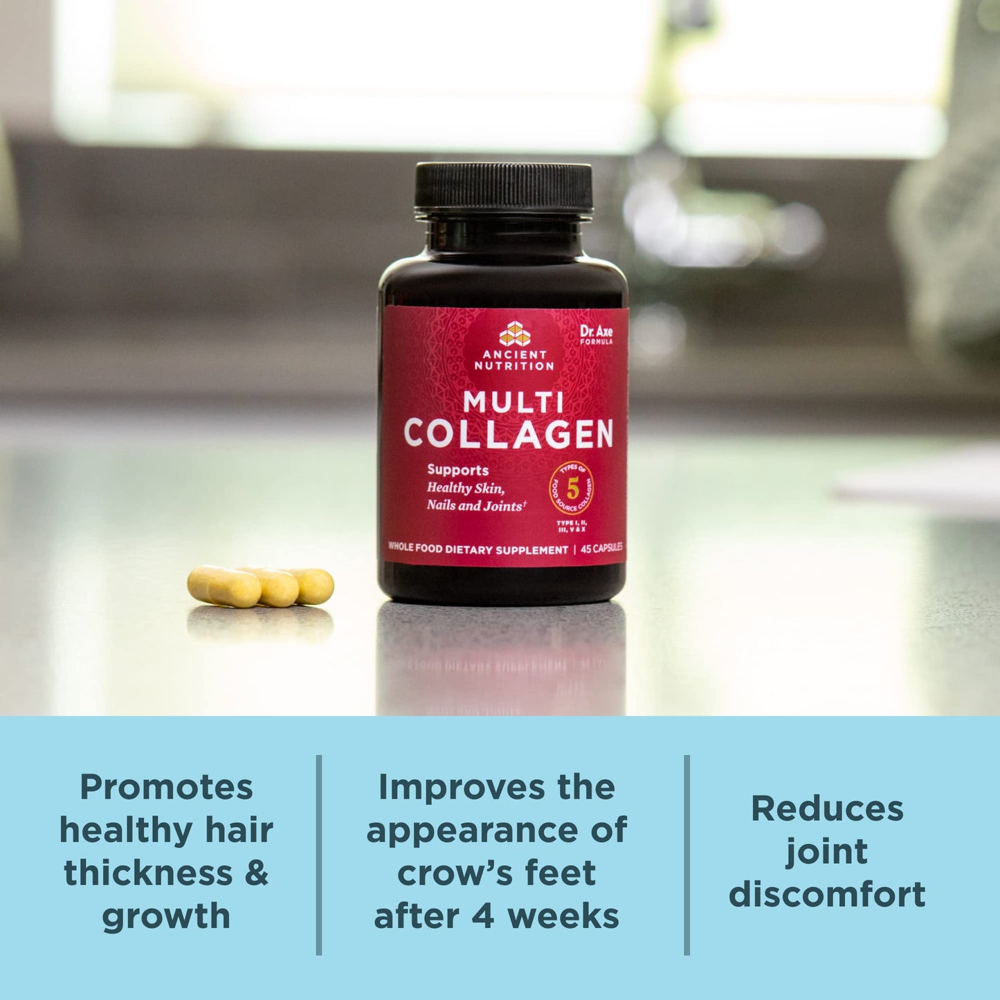 Close-up of the dietary supplement label for Ancient Nutrition multi collagen pills illustrating clean keto and paleo friendly seals.