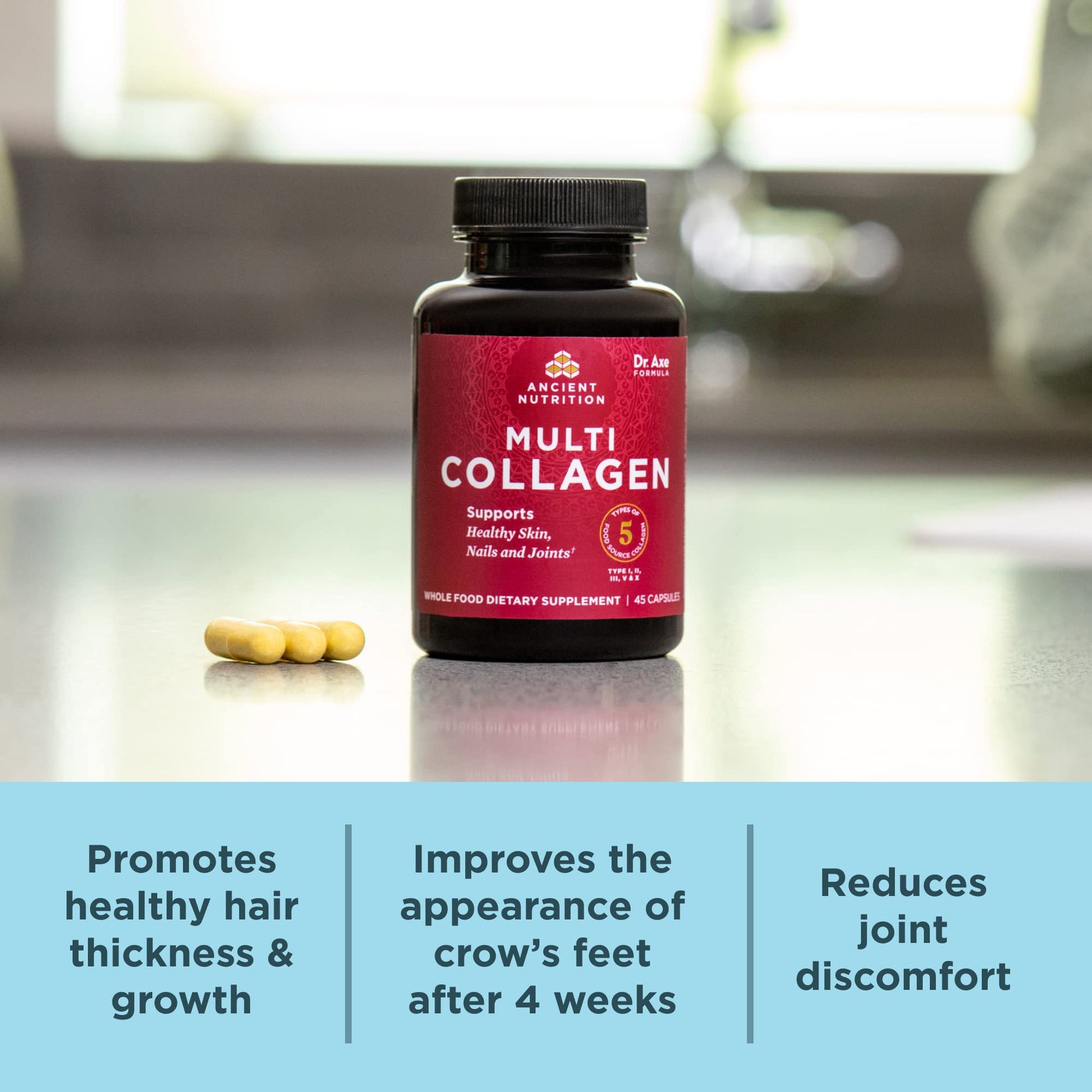 Close-up of the dietary supplement label for Ancient Nutrition multi collagen pills illustrating clean keto and paleo friendly seals.