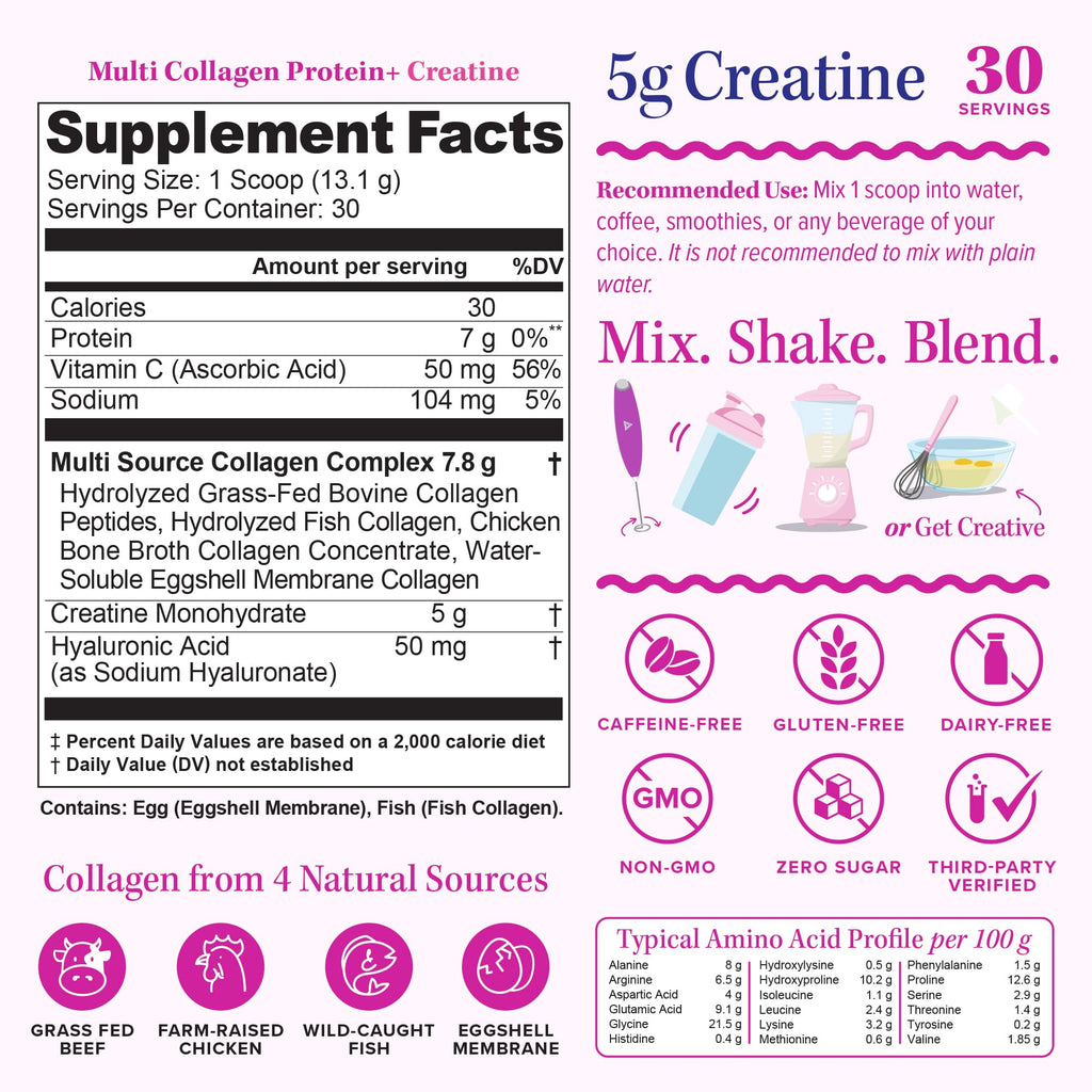 Vitauthority Multi Collagen with Creatine supplement facts and ingredients list view.