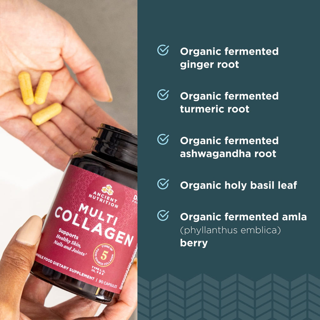 Authentic imported bottle of Ancient Nutrition multi collagen protein 90 capsules on a clean white background for beauty wellness.