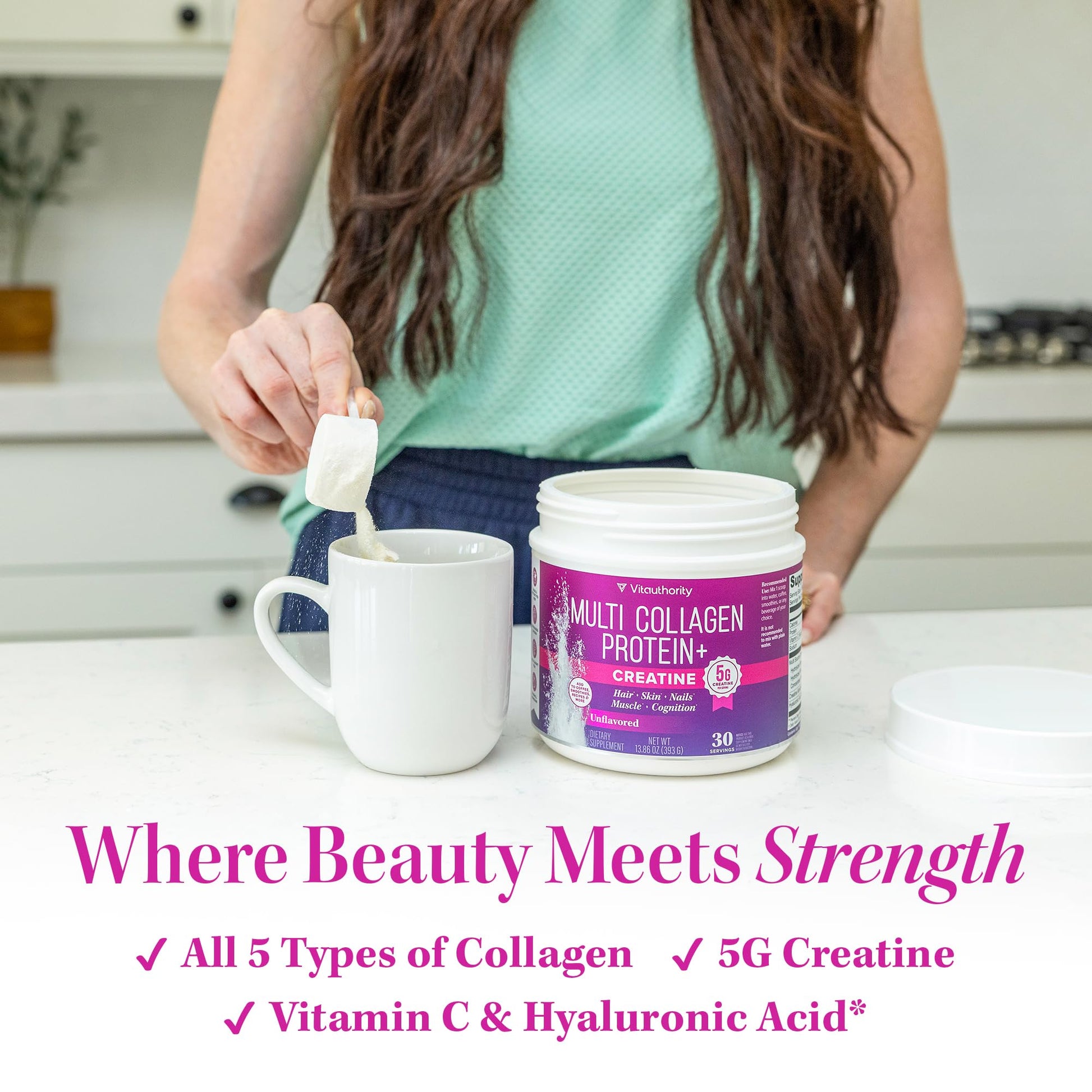 Vitauthority Multi Collagen Protein plus Creatine unflavored powder scoop close up.