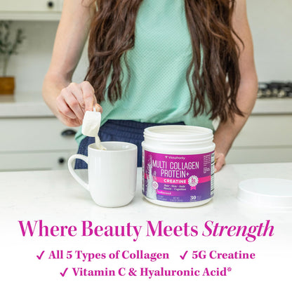 Vitauthority Multi Collagen Protein plus Creatine unflavored powder scoop close up.