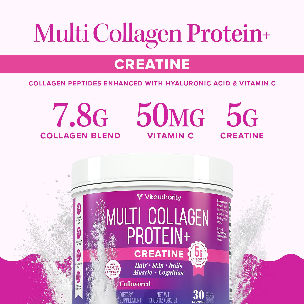 Authentic Vitauthority Multi Collagen and Creatine powder container side panel showcasing five collagen types.