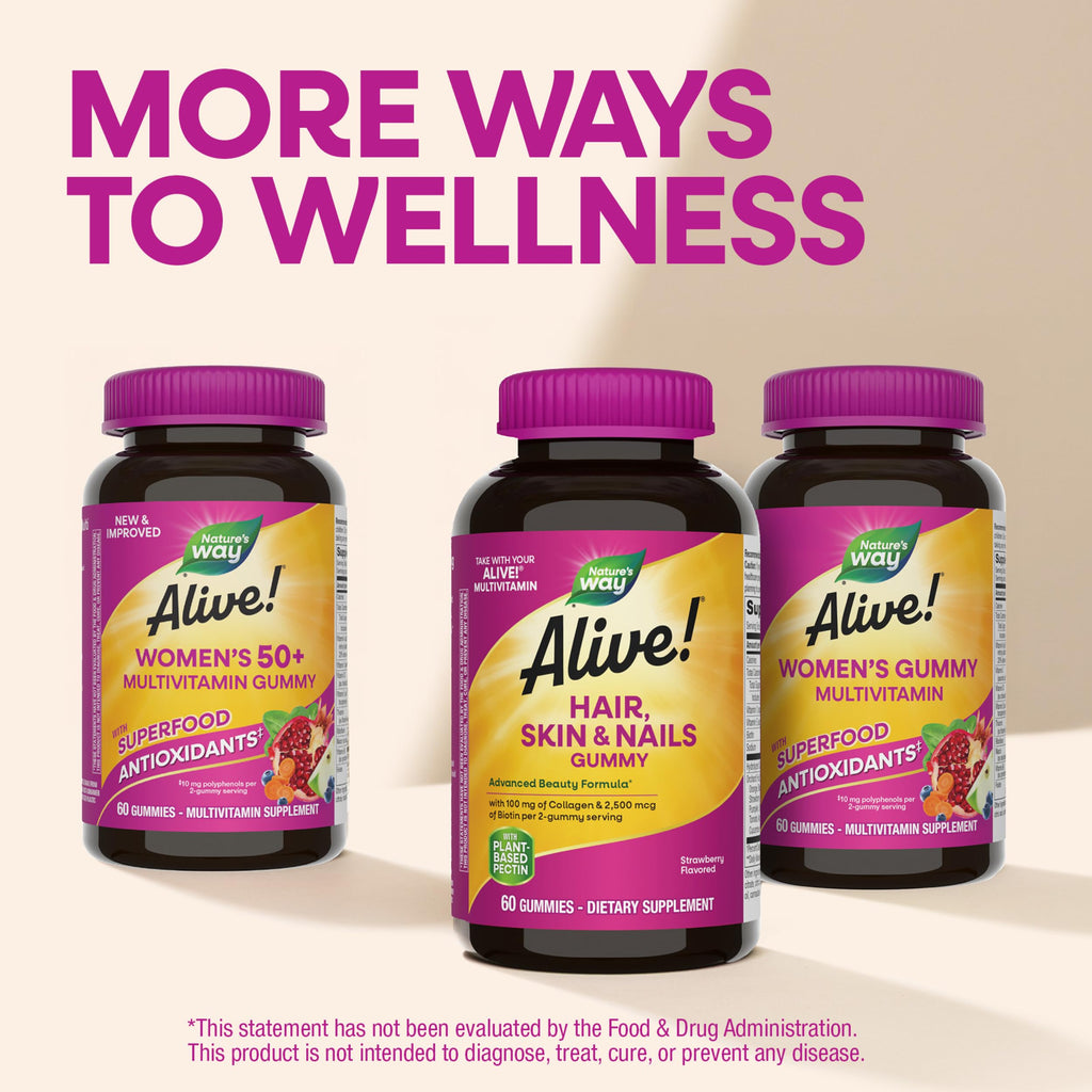 Nature's Way Alive strawberry gummies packaging showing sixty count supply details