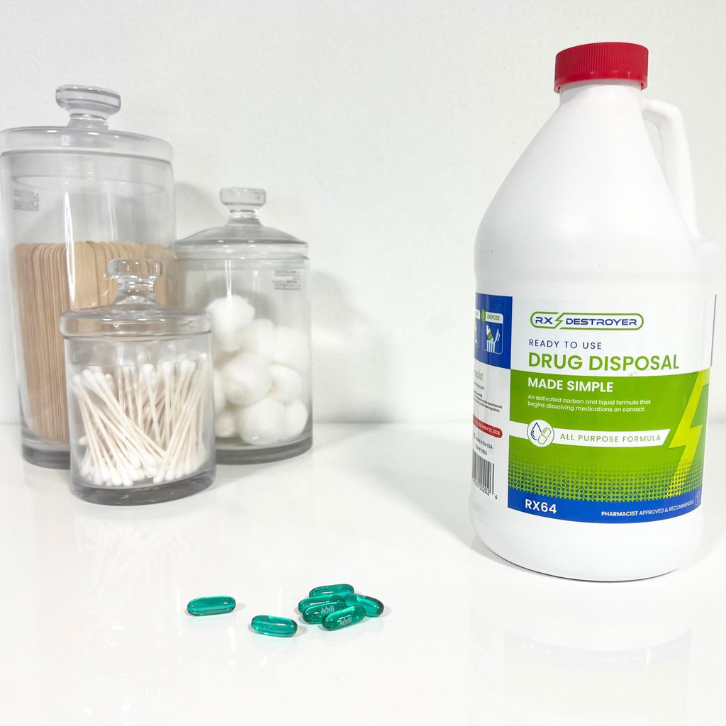 Rx Destroyer sixty four ounce solution container for pills capsules and liquids back label