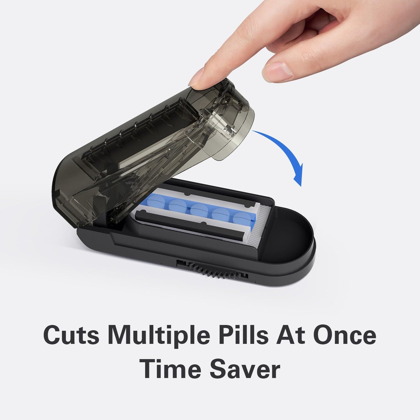 Bug Hull multi-tablet medication divider open view highlighting the hidden stainless steel blade.