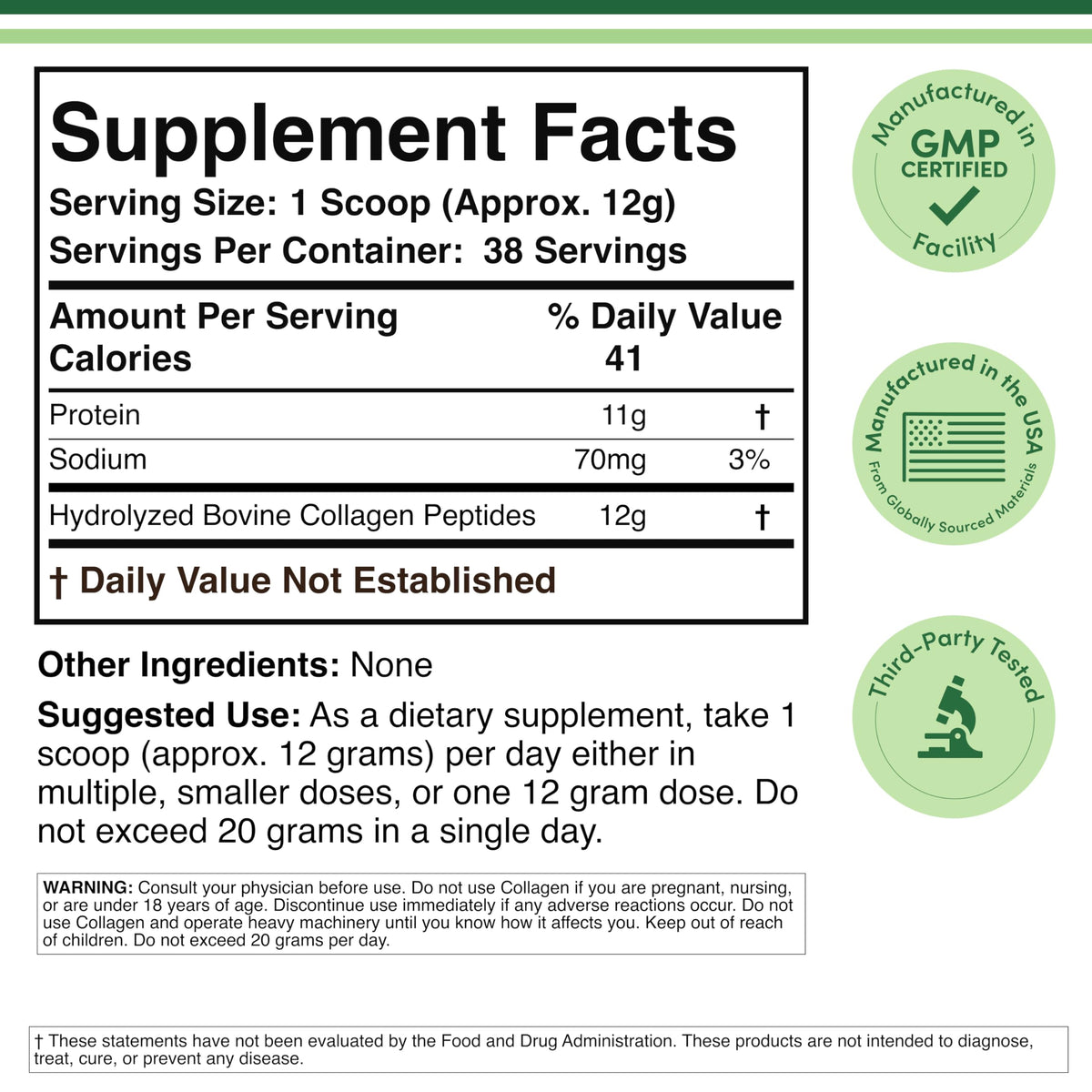 Double Wood Hydrolyzed Collagen Peptides 16.08 Ounce supplement facts panel