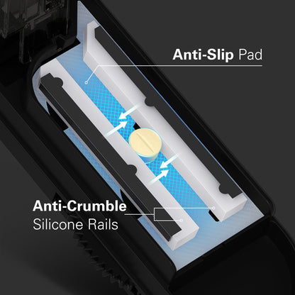 Bug Hull grey multiple tablet cutter showing retractable safety blade guard system.