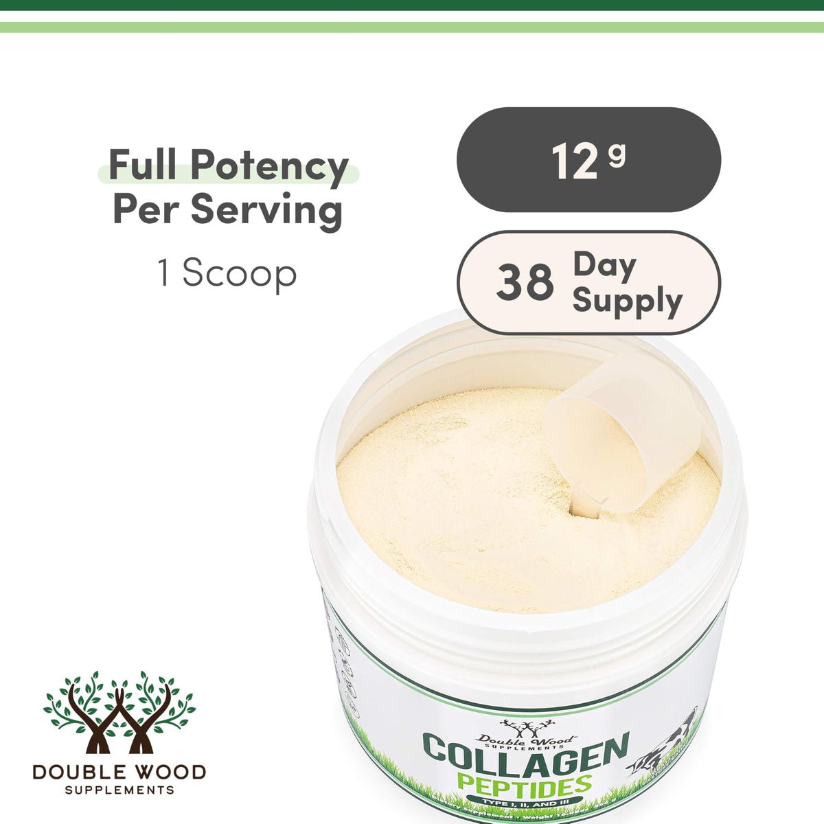 Keto friendly and gluten free Double Wood Collagen powder scoop presentation