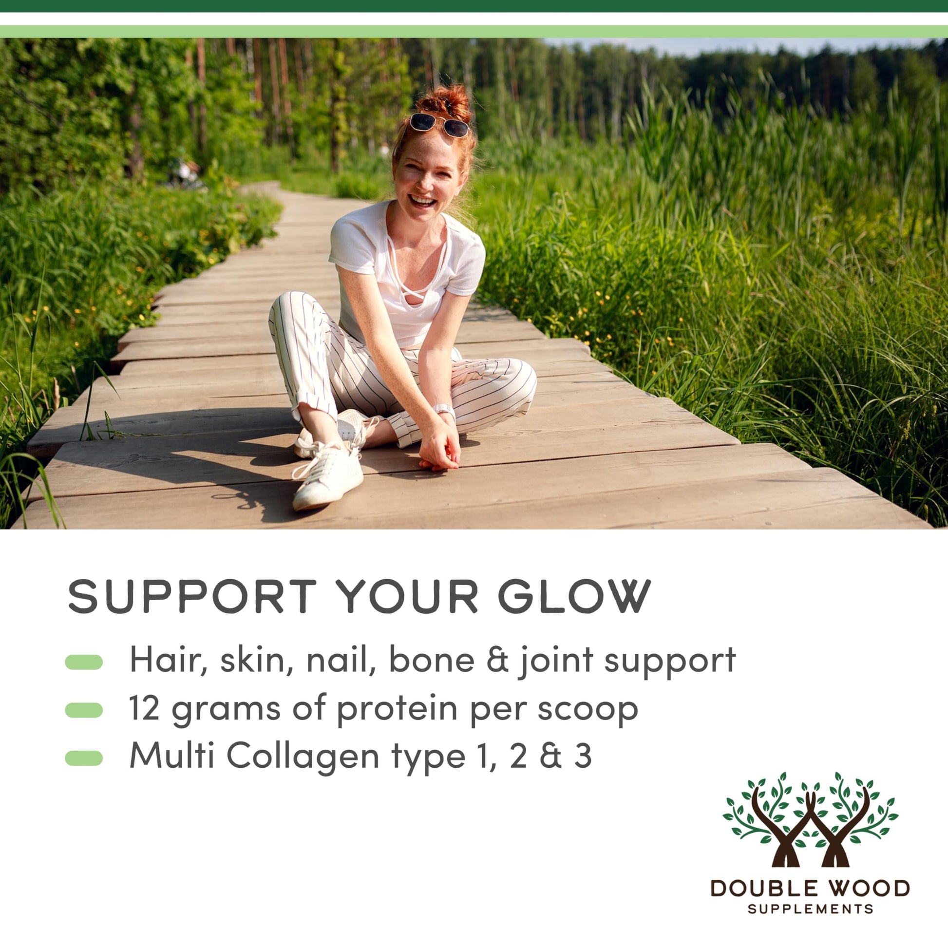 Double Wood Collagen Peptides dissolving easily in a clear glass of water