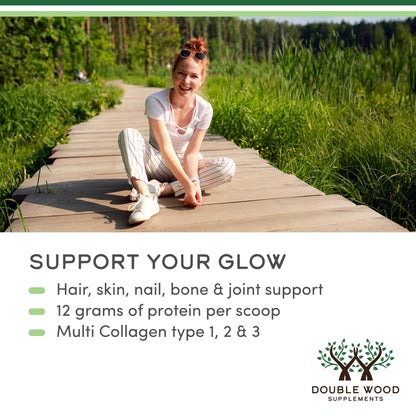 Double Wood Collagen Peptides dissolving easily in a clear glass of water