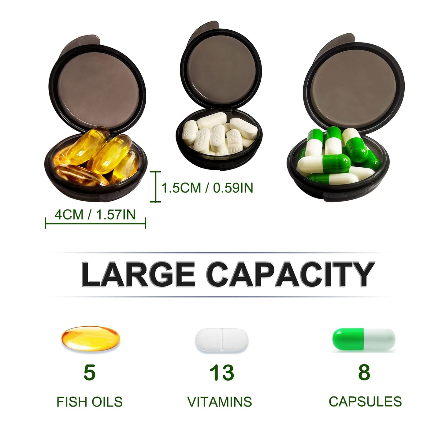 Round pocket pill container displaying translucent lid for quick supplement viewing