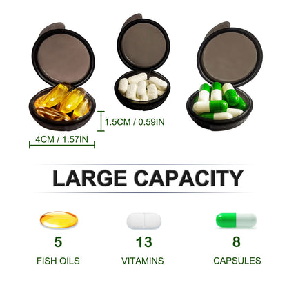 Round pocket pill container displaying translucent lid for quick supplement viewing