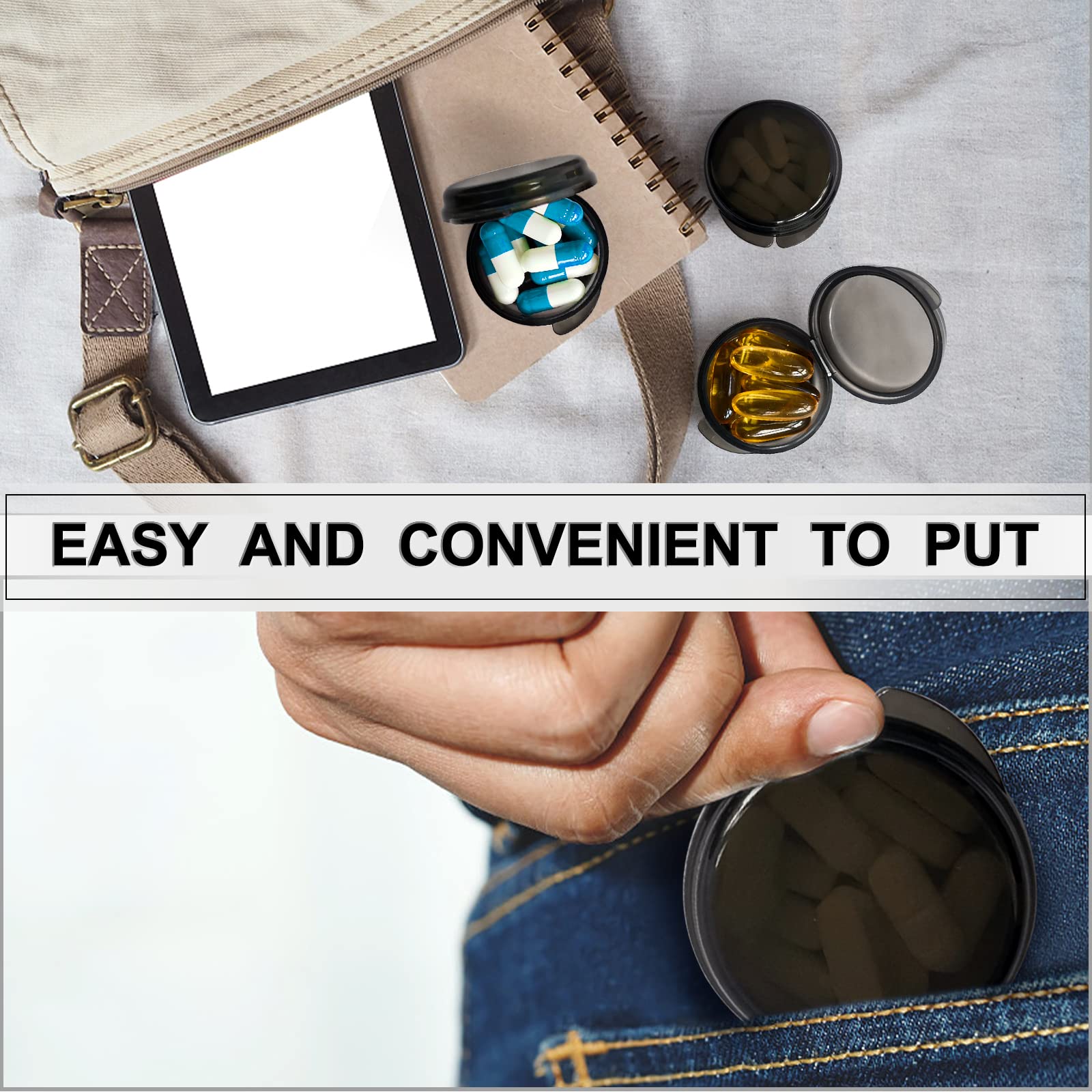 Black daily medication organizer next to a purse showing easy travel portability