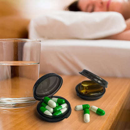 Mini multi-compartment storage case containing small jewelry and earplugs inside