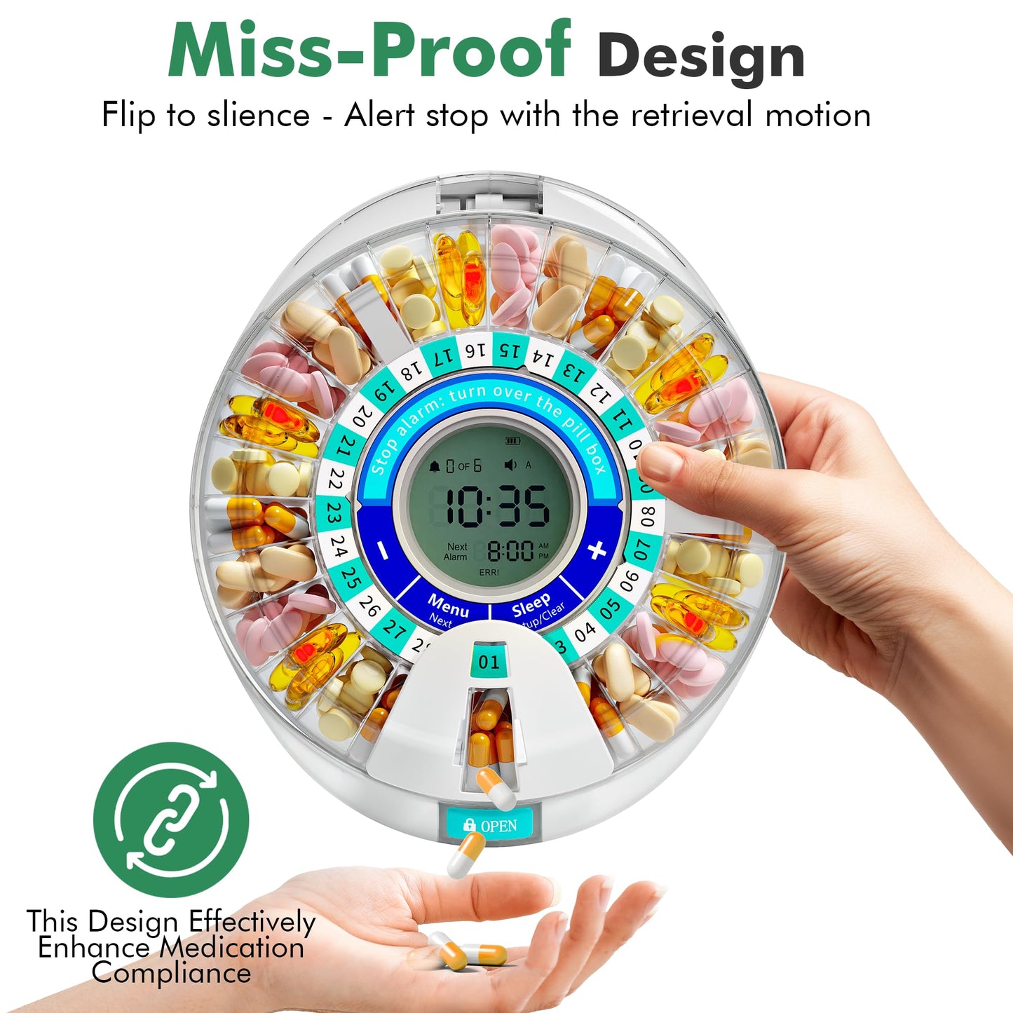 Windtrace twenty eight slot medicine tray with interchangeable dosage rings for daily scheduling