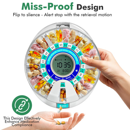 Windtrace twenty eight slot medicine tray with interchangeable dosage rings for daily scheduling