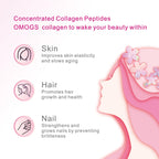 Sachet pack of OMOGS collagen with cranberry extract being poured into a breakfast drink.