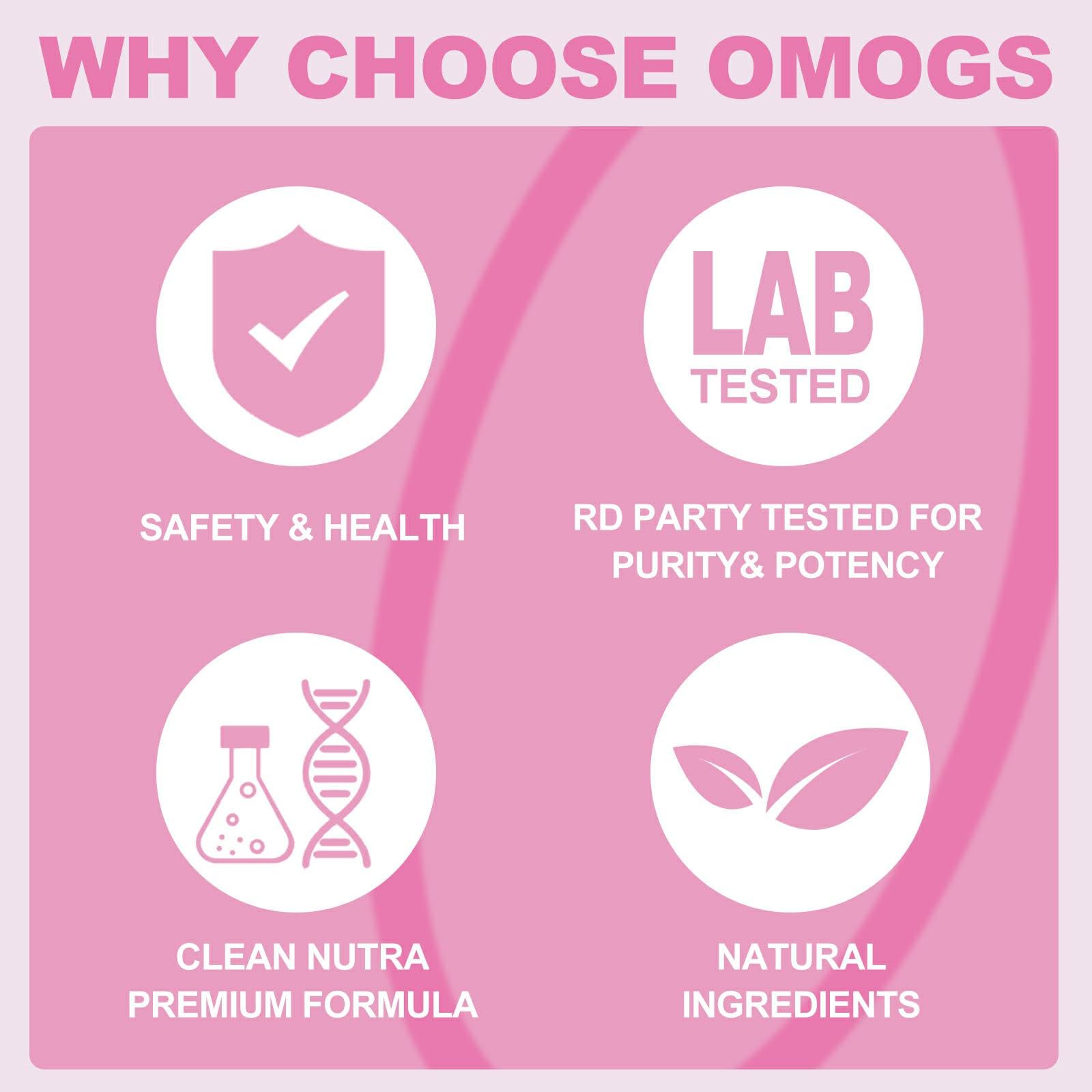 Authentic USA imported OMOGS collagen peptides package with prebiotics for skin and gut health.