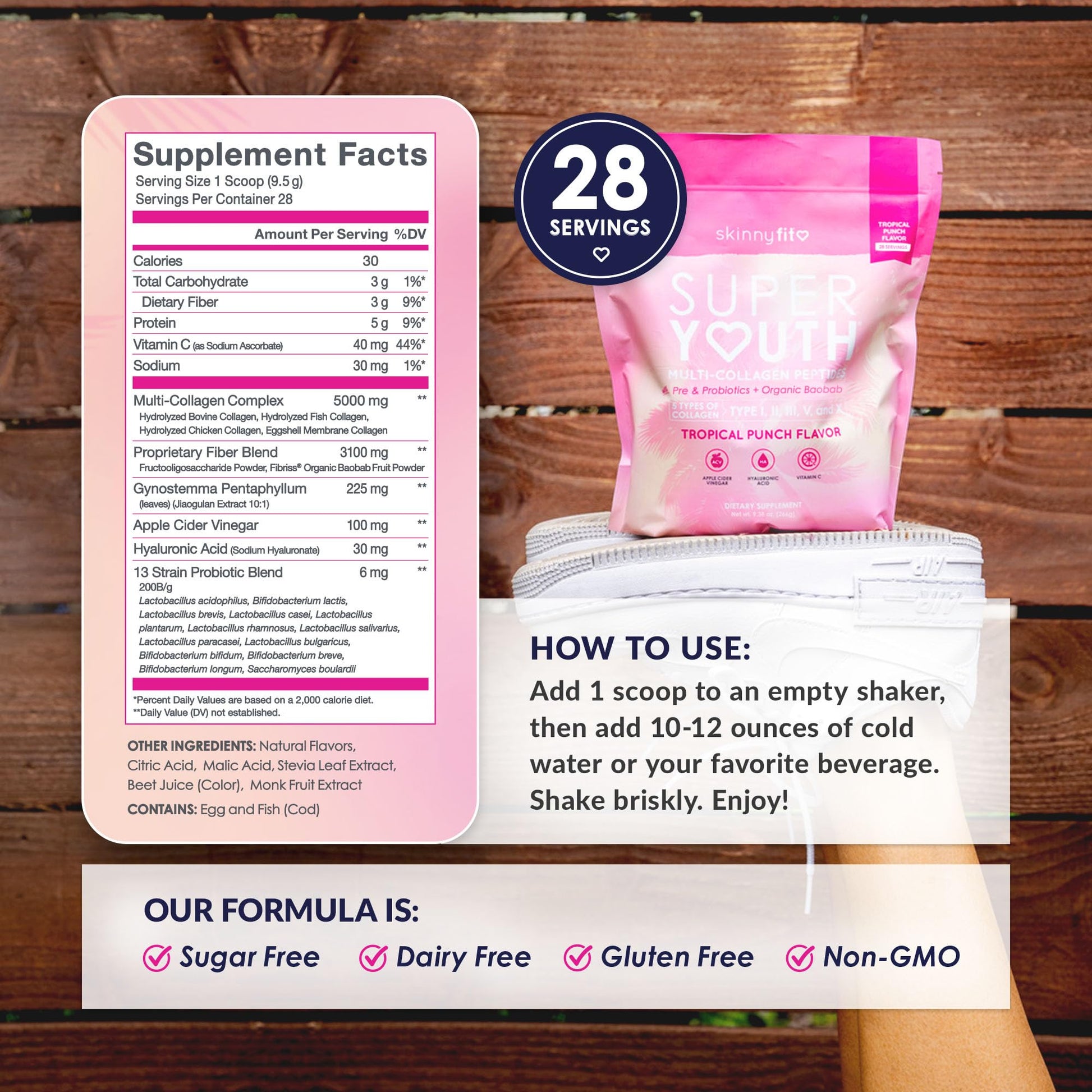 Authentic SkinnyFit multi collagen powder packaging showcasing probiotic and hyaluronic acid icons