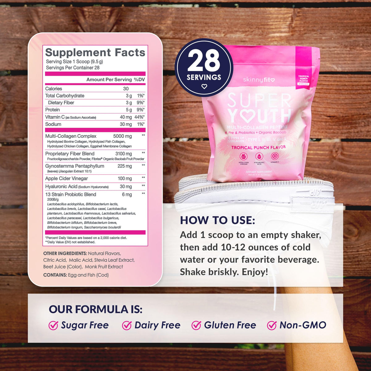 Authentic SkinnyFit multi collagen powder packaging showcasing probiotic and hyaluronic acid icons