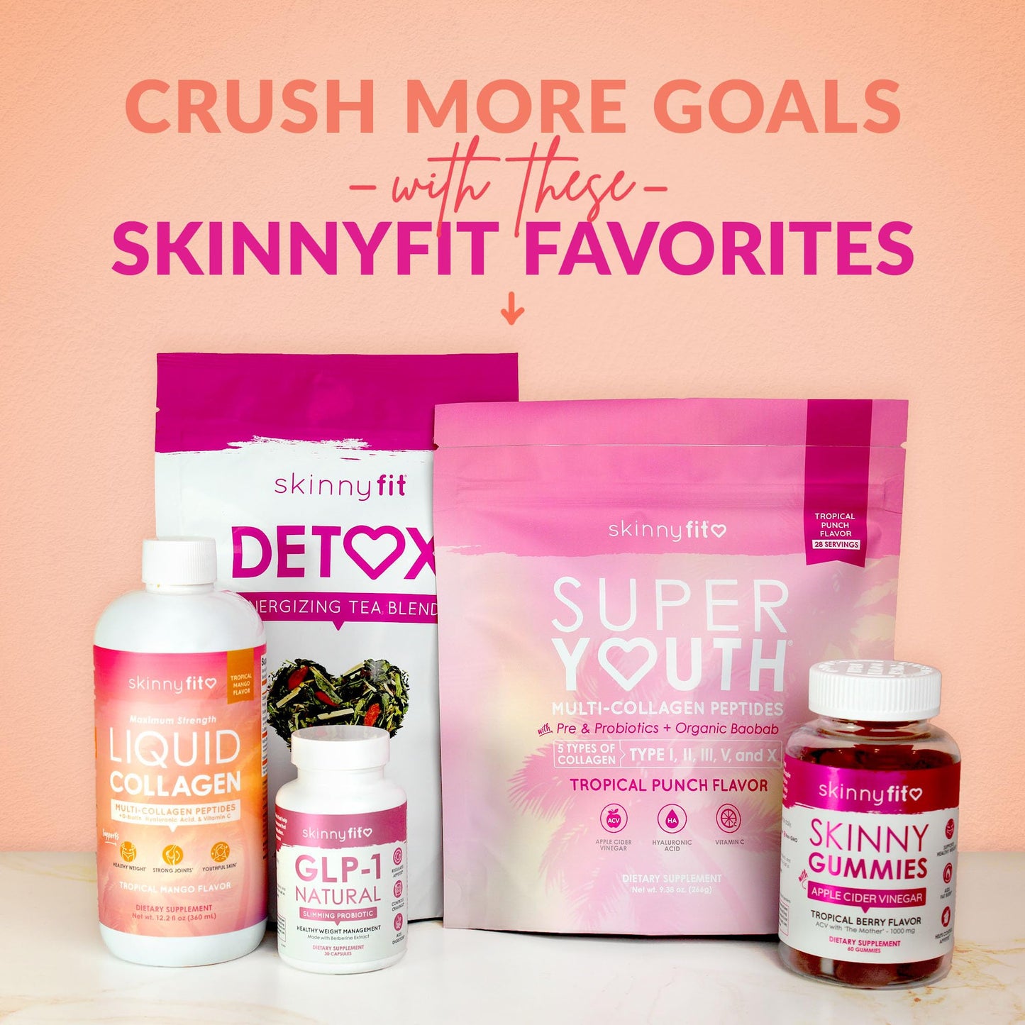 SkinnyFit Super Youth premium imported dietary supplement pouch displayed on a clean counter
