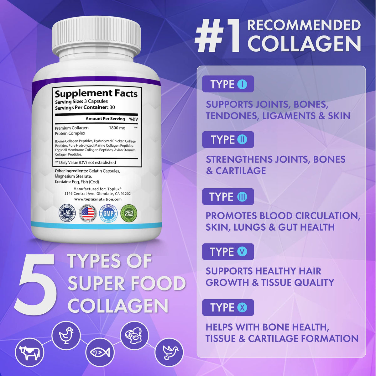 Toplux 5 type collagen complex 90 capsules supplement facts and ingredient label details