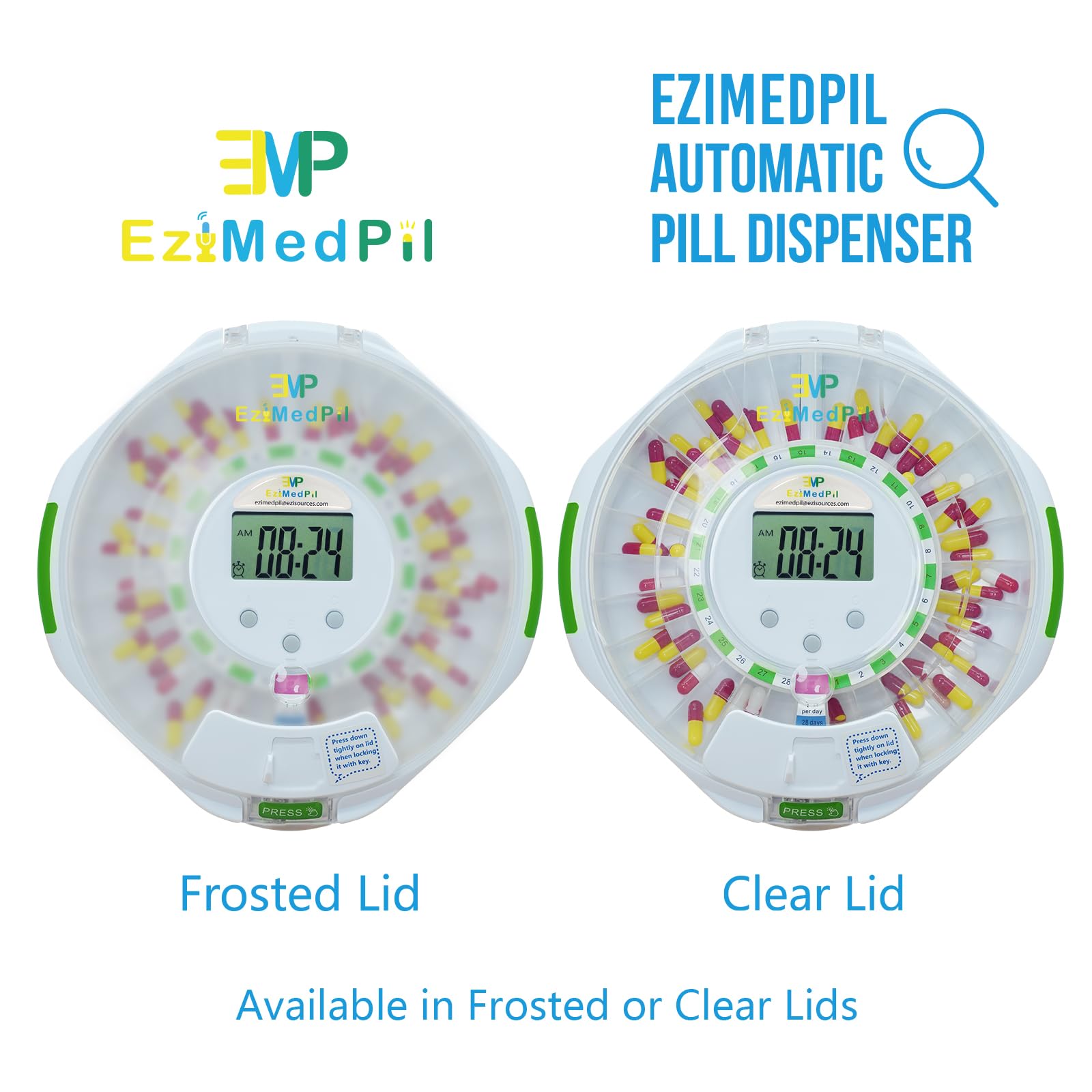 EMP EziMedPil medication organizer with open lid showcasing twenty eight internal compartments