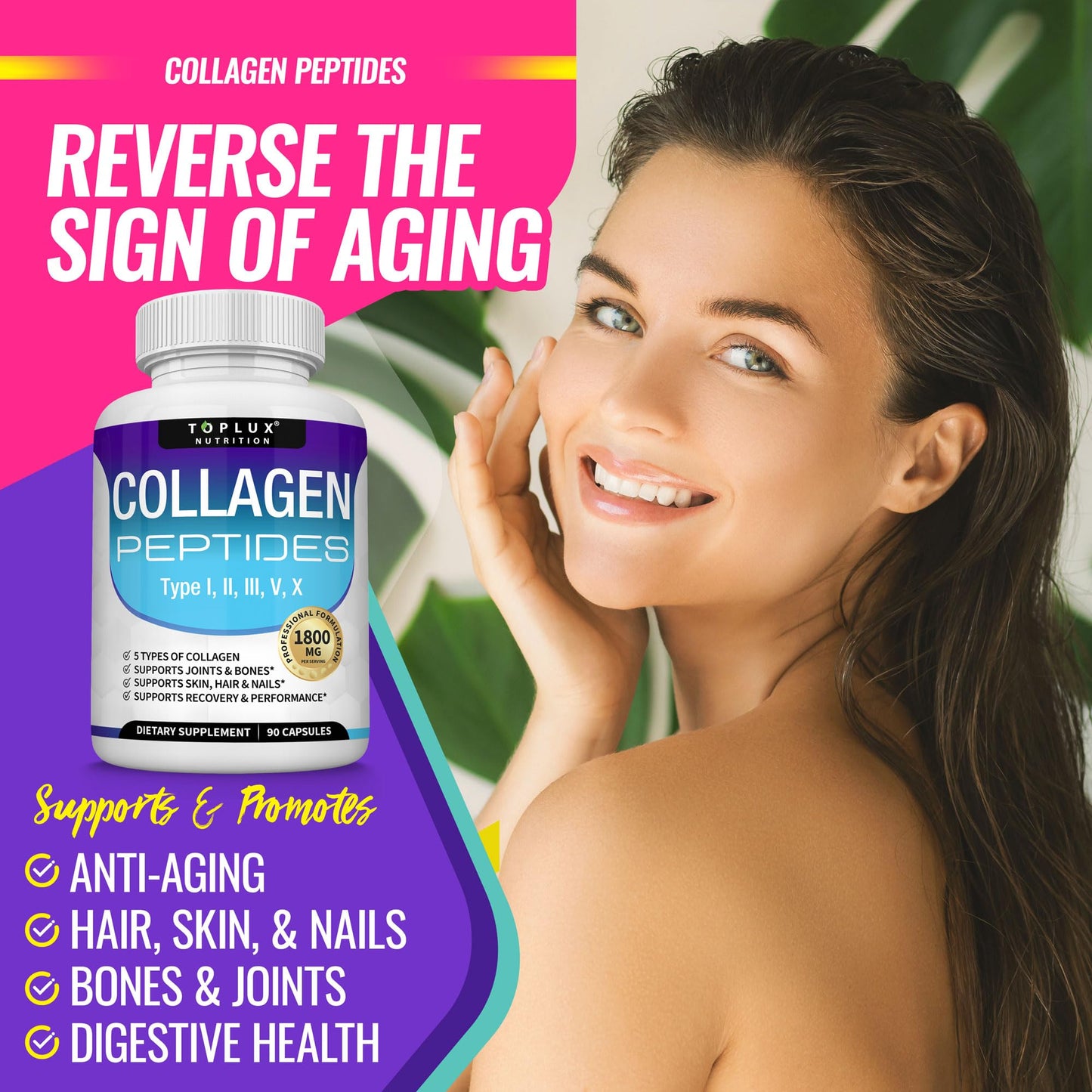 Toplux premium hydrolyzed multi collagen pills showing skin hair and joint support icons
