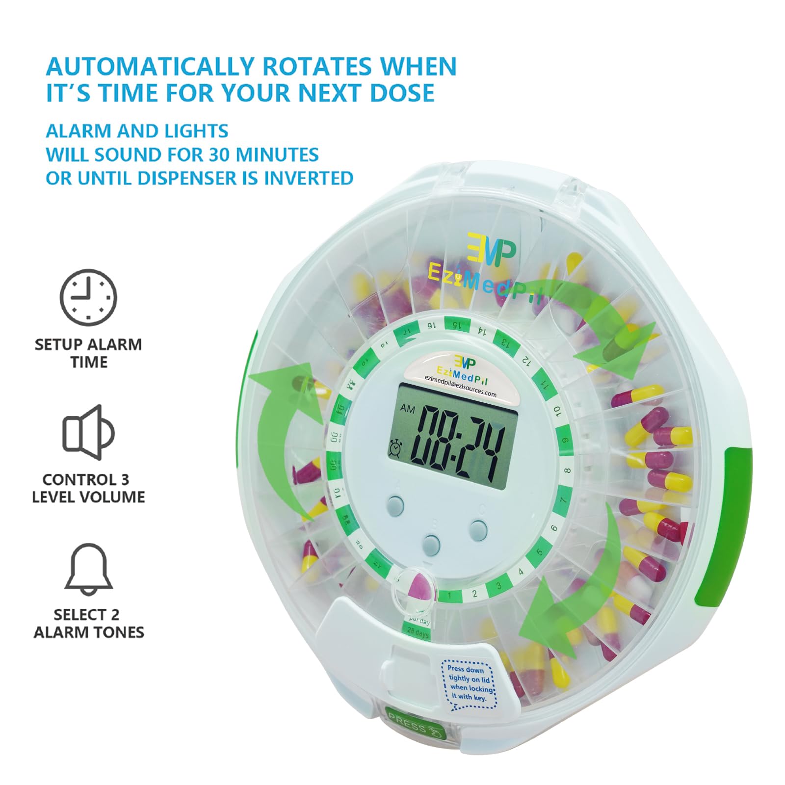 EziMedPil automatic pill dispenser for Alzheimers care with interchangeable daily dosage templates
