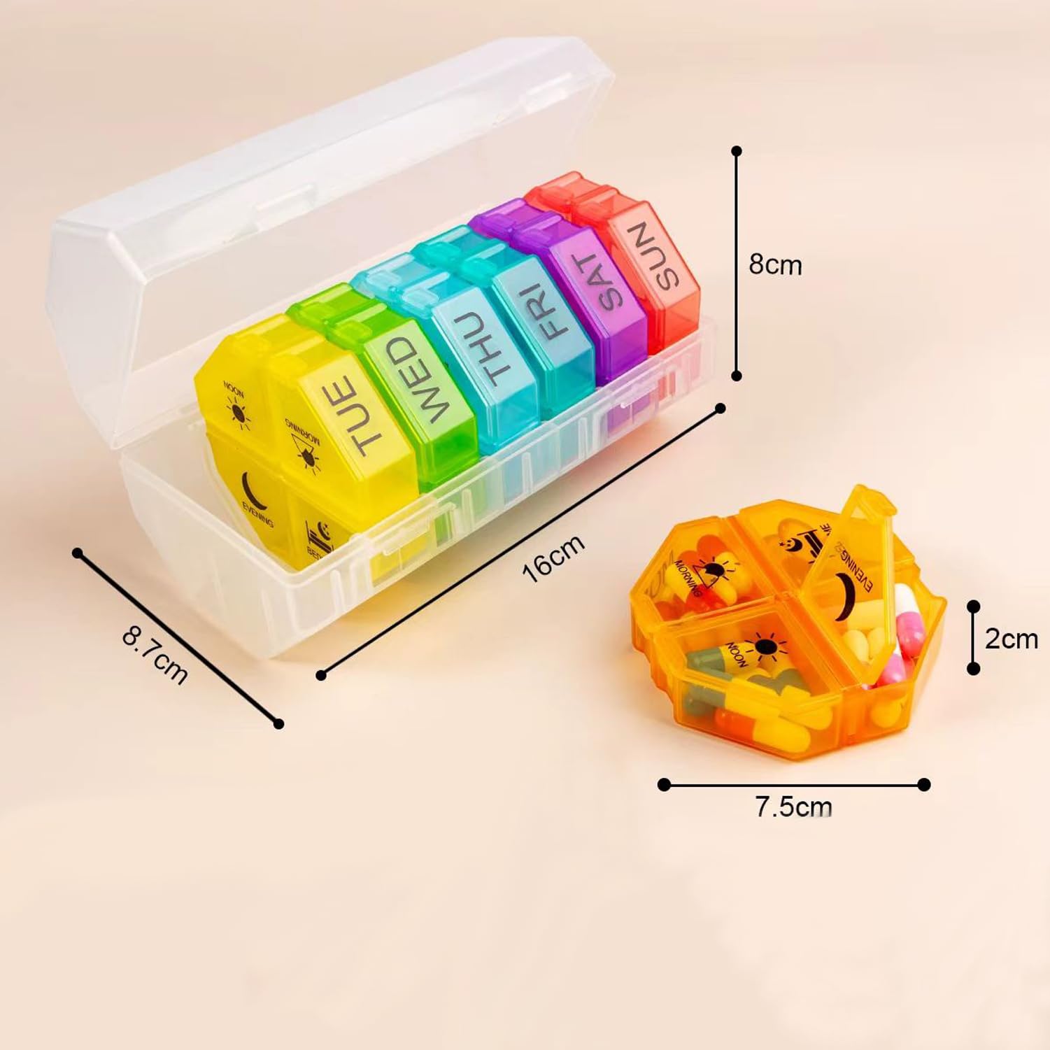 Tmeng seven day medicine dispenser with an individual rainbow compartment pulled out for travel convenience.