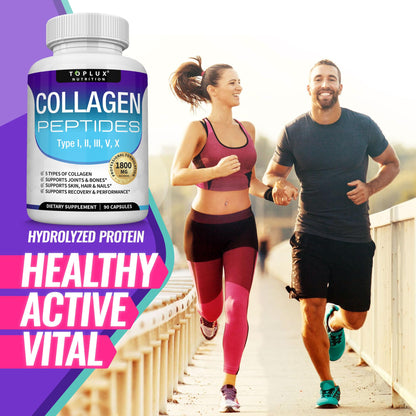 Side view of Toplux multi collagen non GMO dietary supplement bottle
