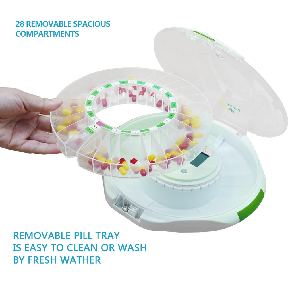 EziMedPil automatic pill dispenser showing large tablet capacity inside individual compartments
