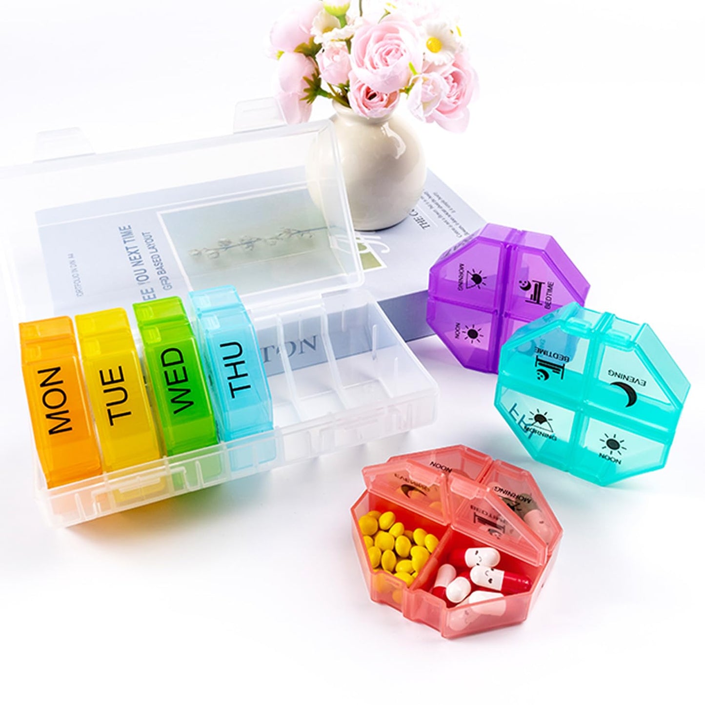 Tmeng twenty eight compartment daily vitamin holder showcasing extra large capacity filling with capsules and fish oils.