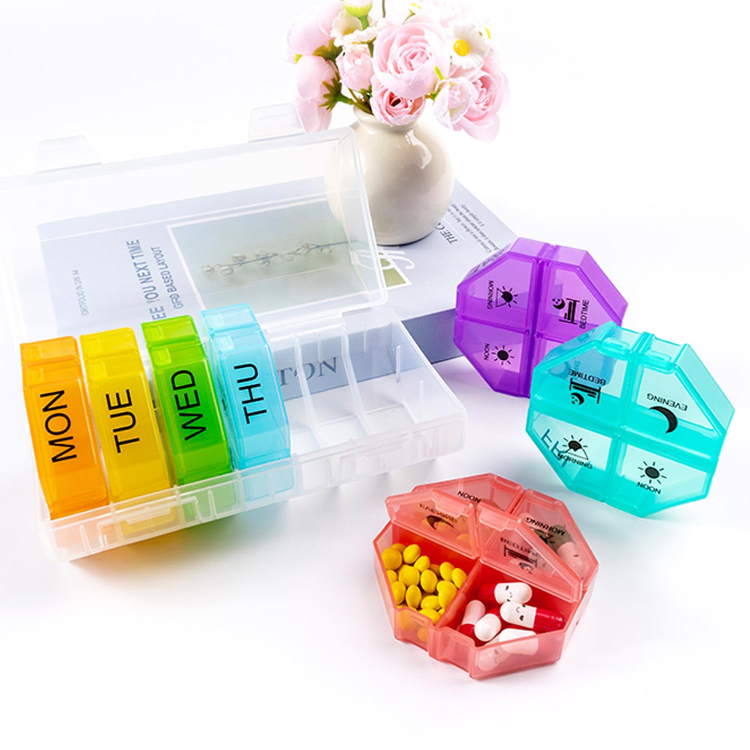 Tmeng twenty eight compartment daily vitamin holder showcasing extra large capacity filling with capsules and fish oils.
