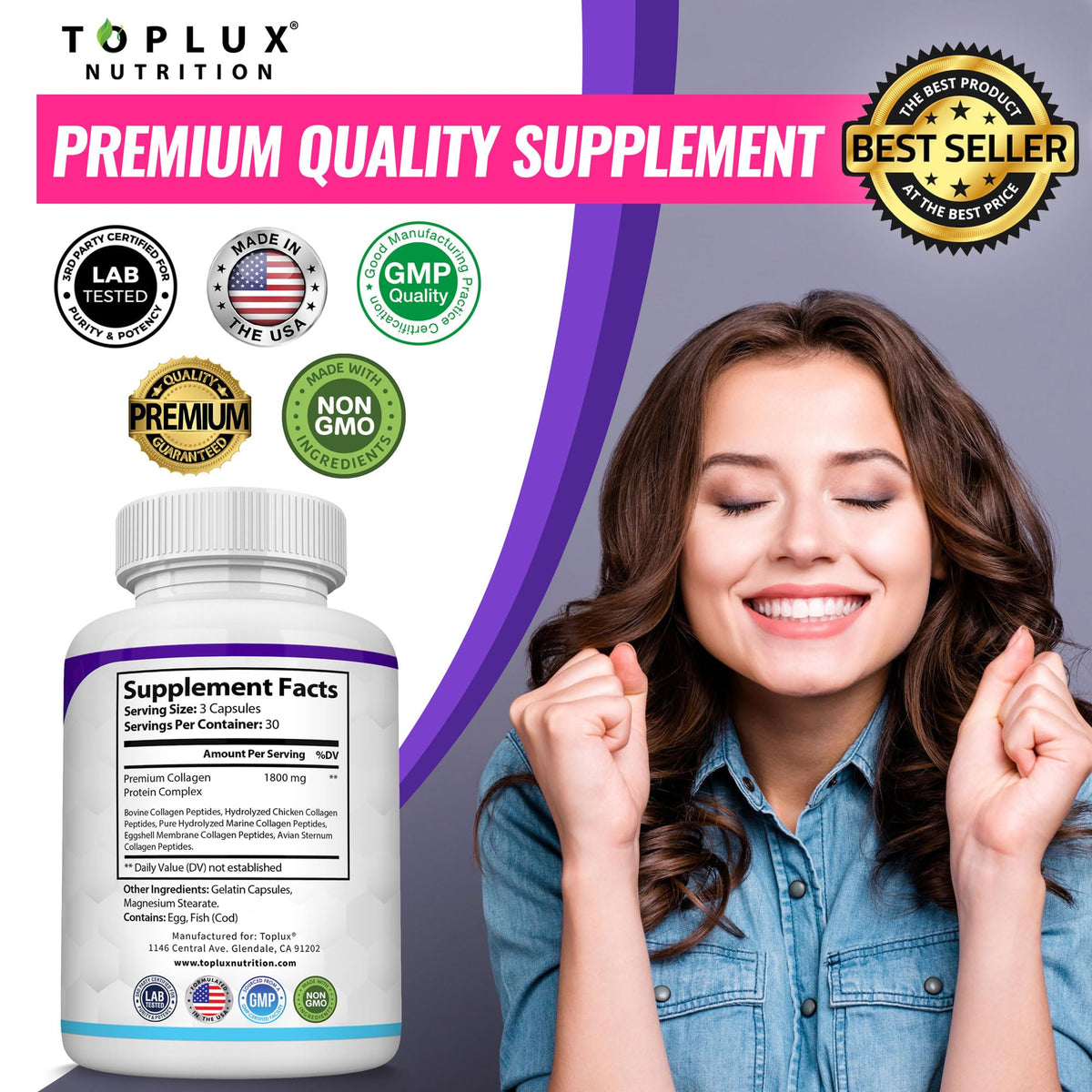 Toplux multi collagen peptides premium capsules daily serving size recommendation info