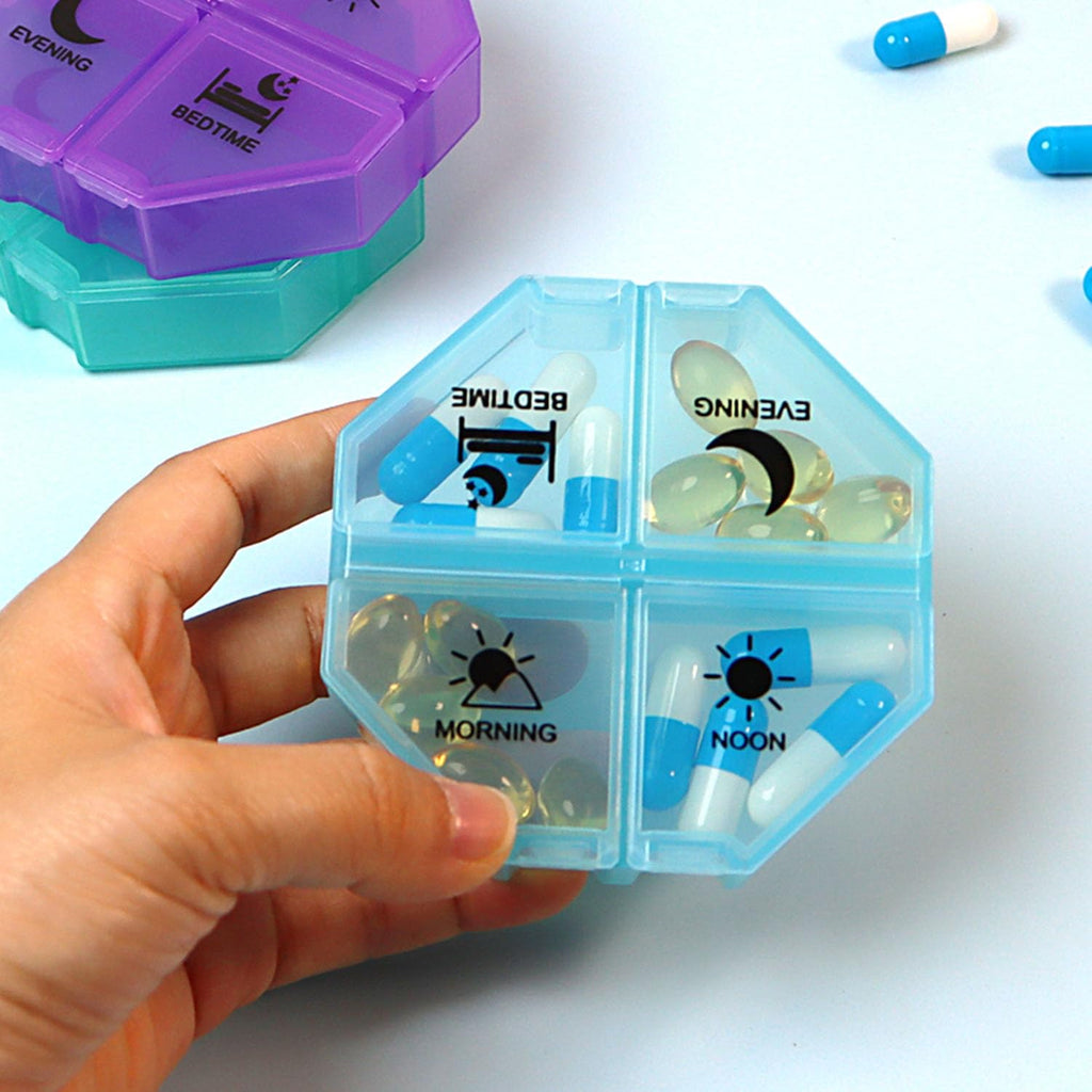 Tmeng portable travel pill box demonstrating the secure outer double protection latch being opened easily.