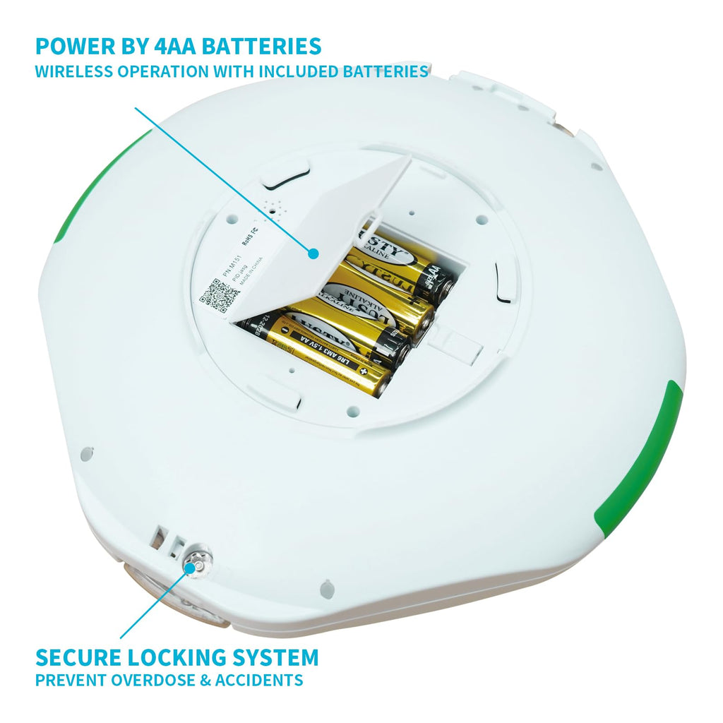 EziMedPil automatic pill dispenser base view indicating battery compartment and sturdy construction