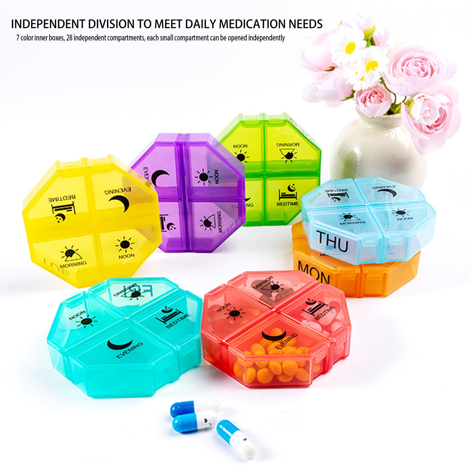 Tmeng arthritis friendly weekly supplement sorter showing the durable material and simple snap buckle setup.