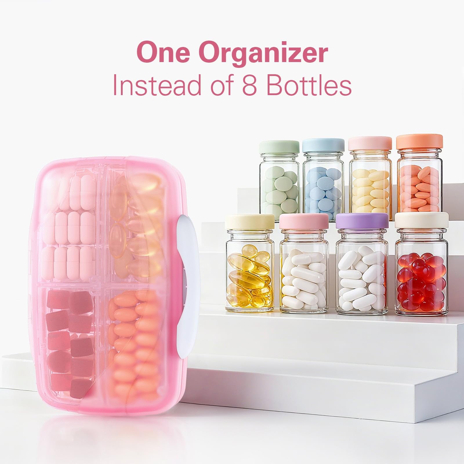 Barhon pocket pharmacy showing eight open interior compartments filled with sorted capsules