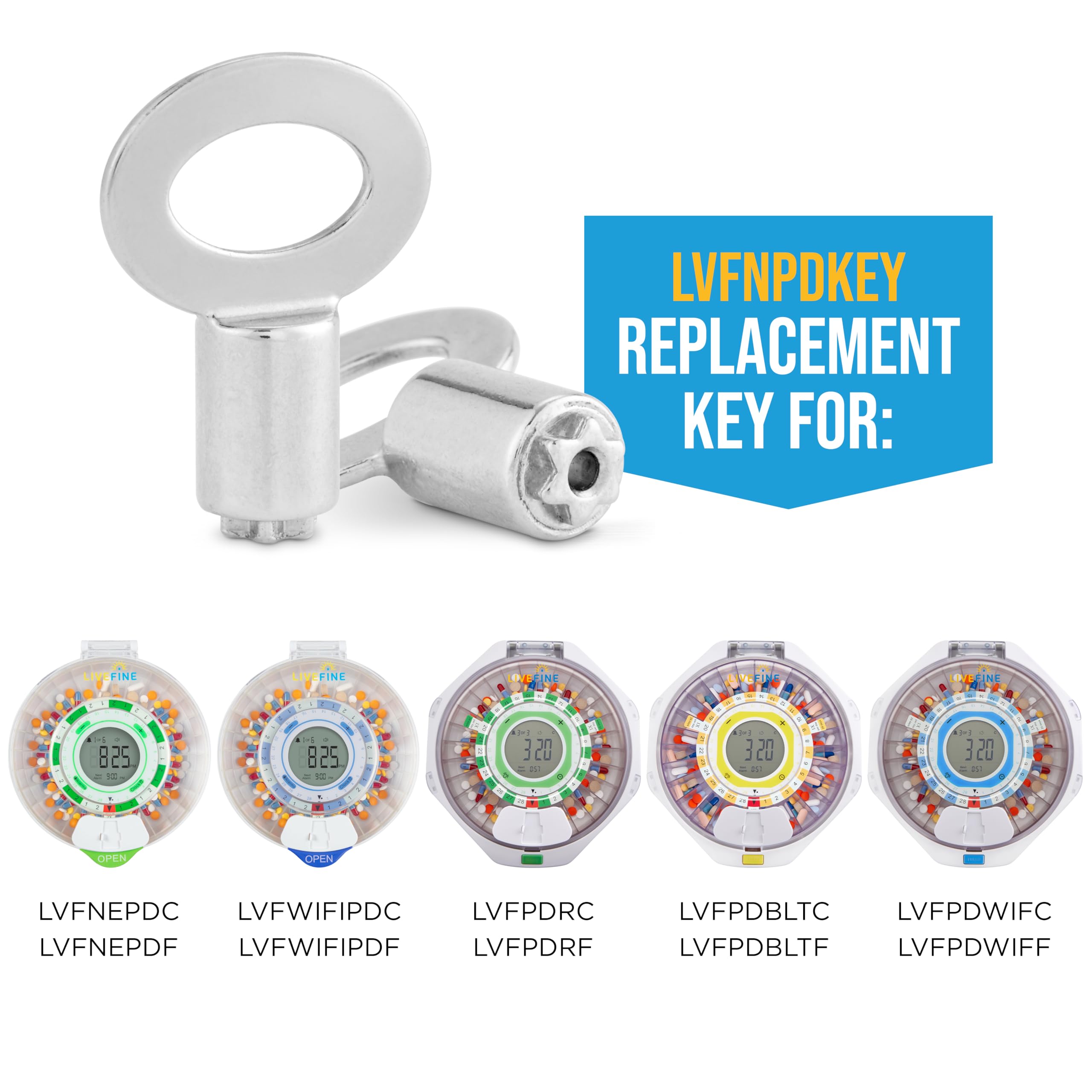 Live Fine replacement key for automatic pill dispenser close up