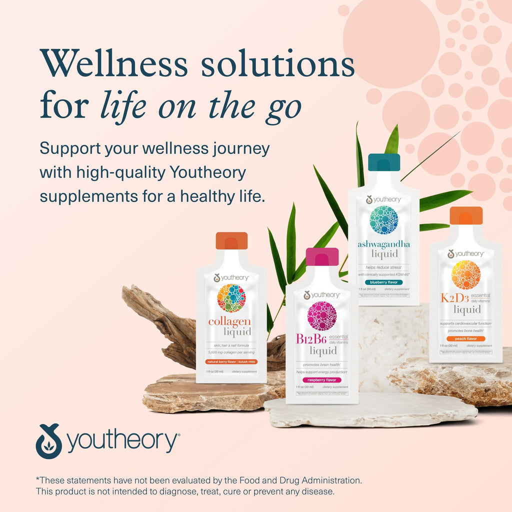 Side panel view of Youtheory berry flavor liquid collagen detailing sugar free nutritional highlights.