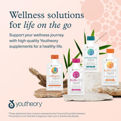 Side panel view of Youtheory berry flavor liquid collagen detailing sugar free nutritional highlights.