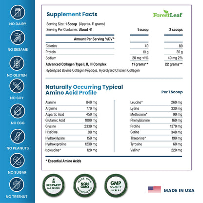 Hydrolyzed advanced collagen peptides supplement container highlighting forty one servings