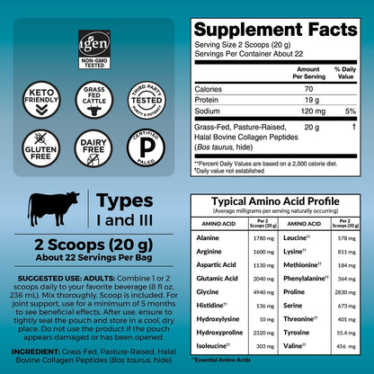 Side view of Viva Naturals grass fed unflavored collagen supplement packaging highlighting nutrition facts and dietary certifications.