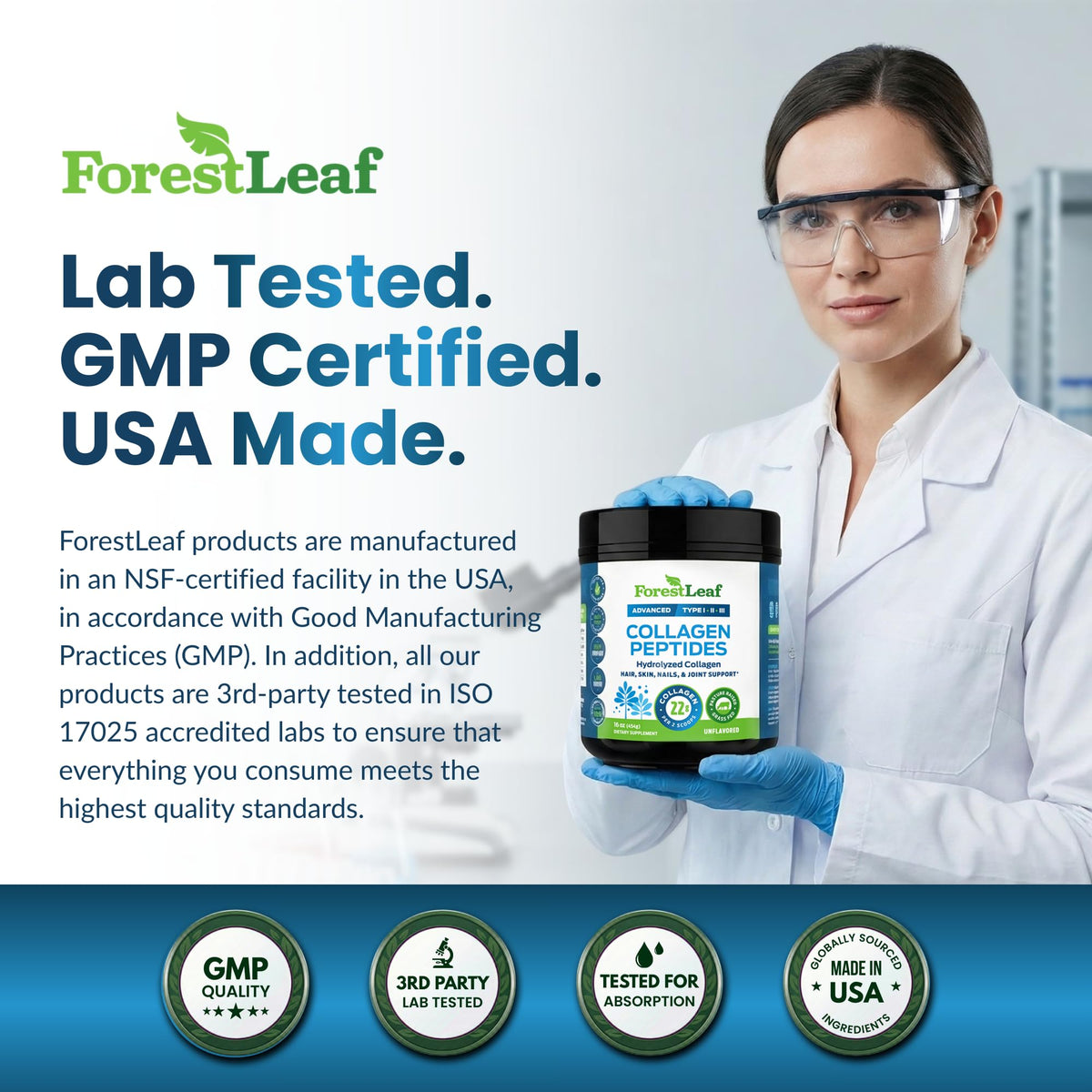 ForestLeaf pasture raised bovine collagen powder scoop measurement details on back label