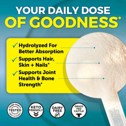 Close up shot of the unflavored Type I and III collagen powder texture showcasing its easy dissolving fine consistency.