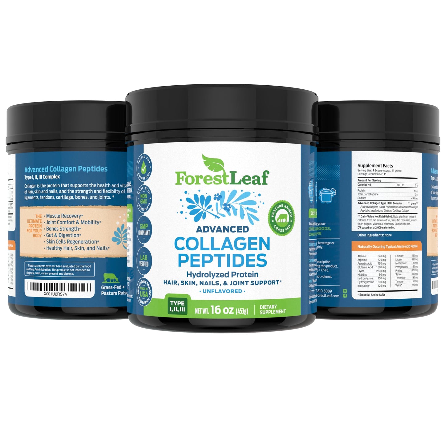 ForestLeaf 16 ounce unflavored protein supplement jar lid and safety seal closeup view
