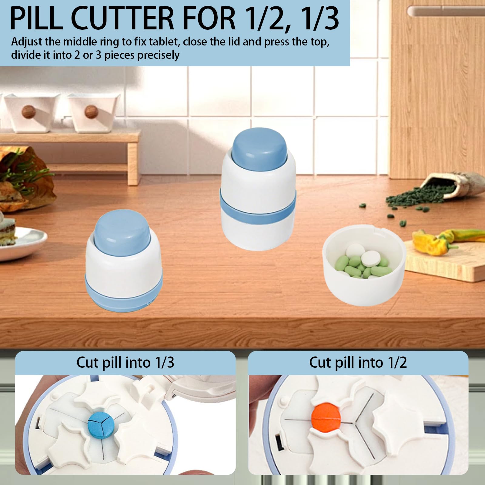 GAONLY tablet splitter top angle view highlighting the sharp concealed stainless steel safety blade